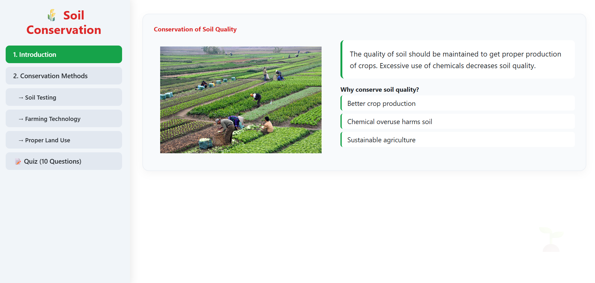 Conservation of soil quality