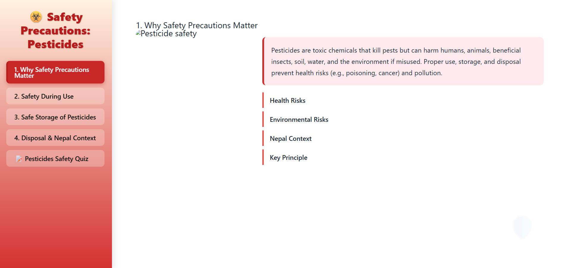 Safety precautions in the use and storage of pesticides