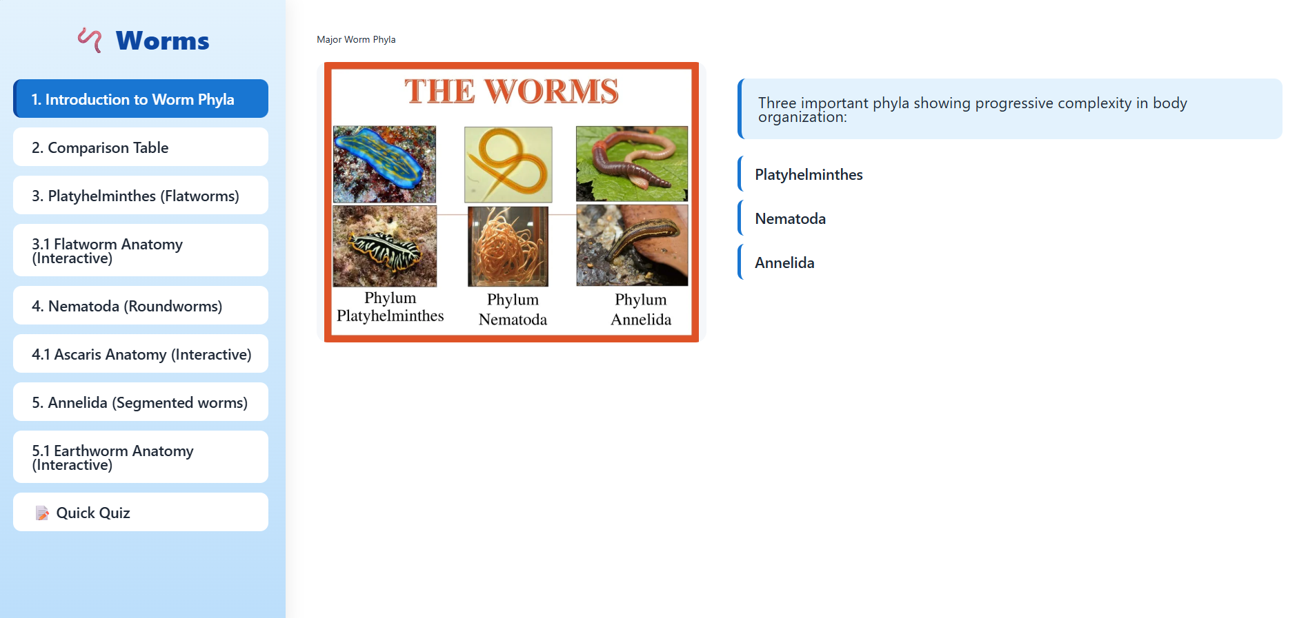 Platyhelminthes, Nemathelminthes, Annelida