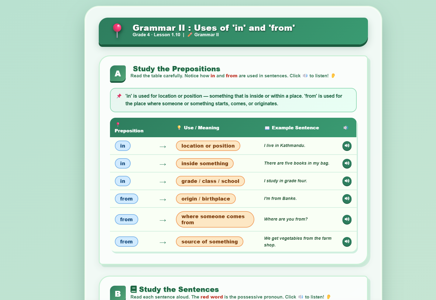 Grammar II : uses of ‘in’ and ‘from’