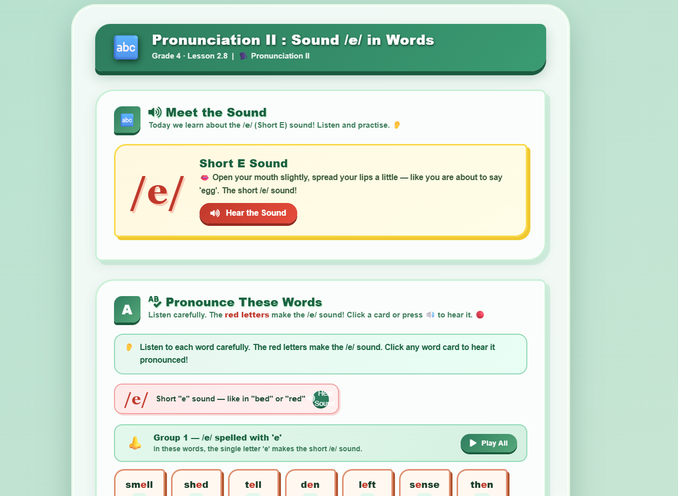 Pronunciation II : sound /e/ in words