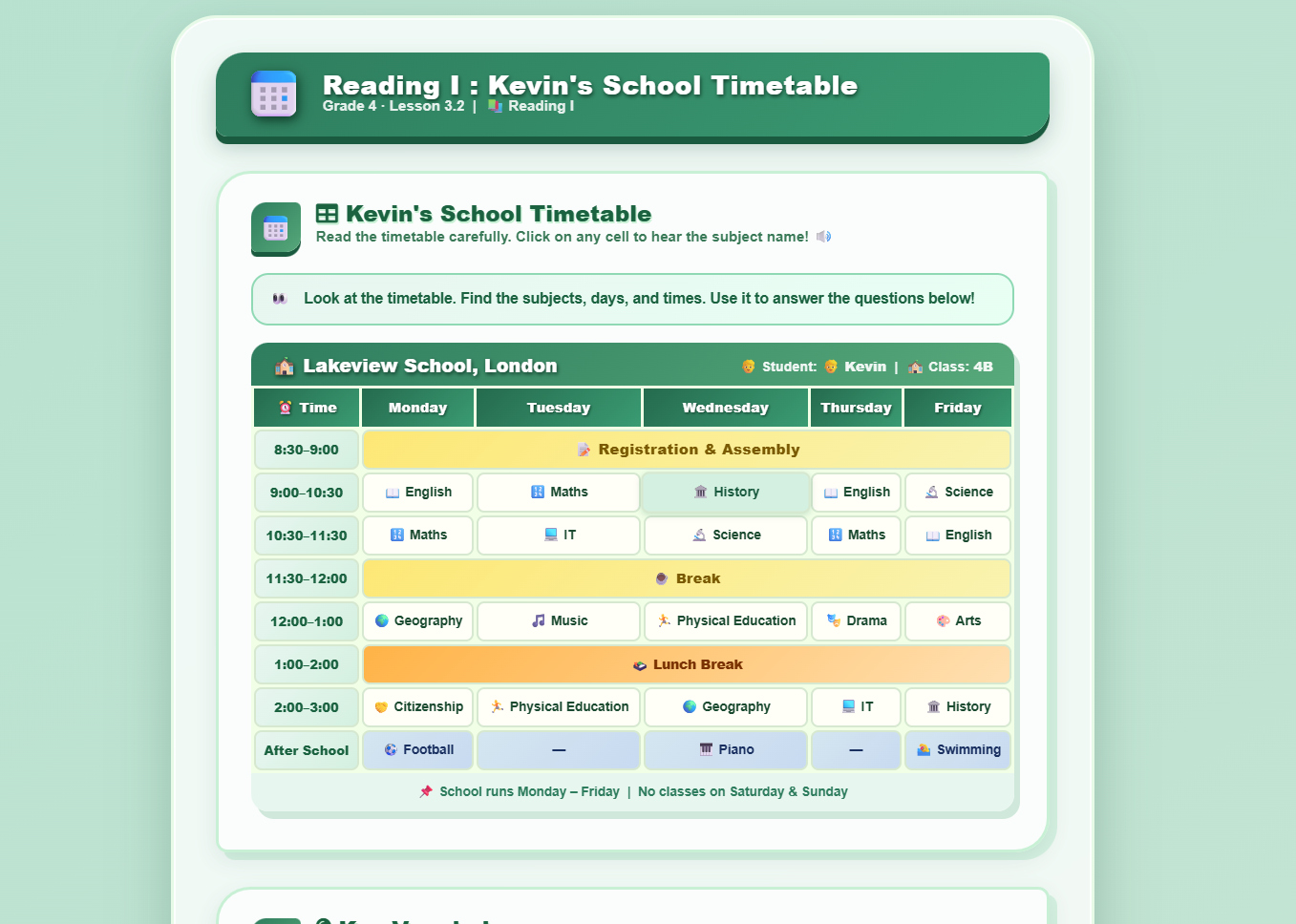 Reading I: Kevin’s School Timetable