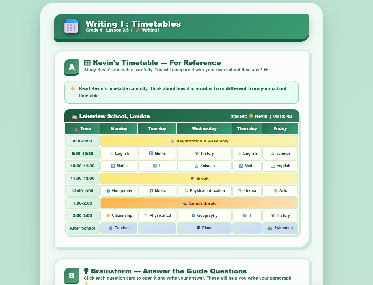 Writing I : timetables
