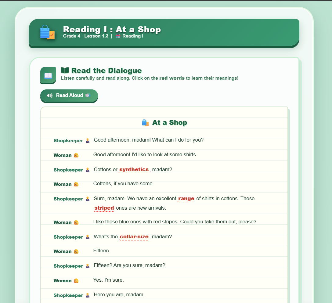 Reading I: At a Shop
