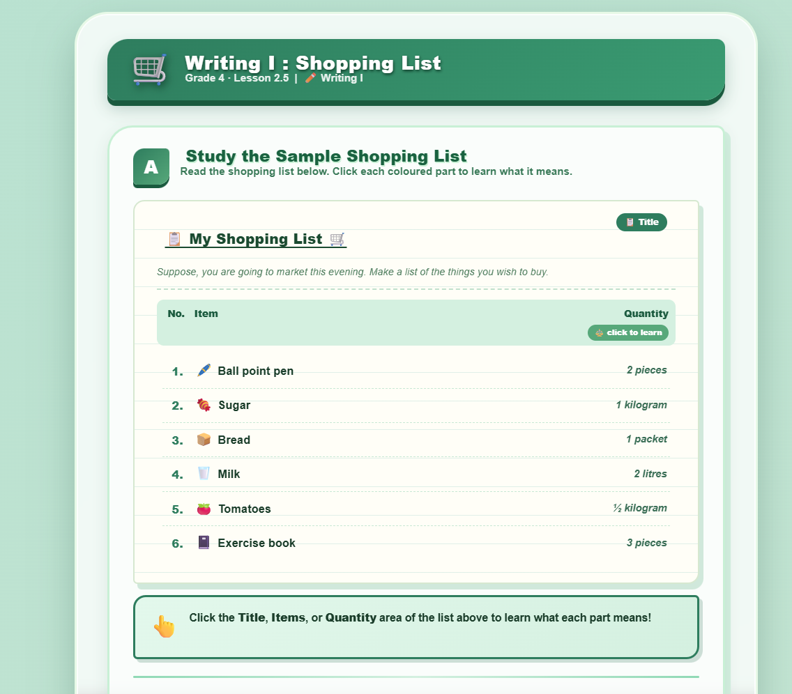 Writing I : shopping list