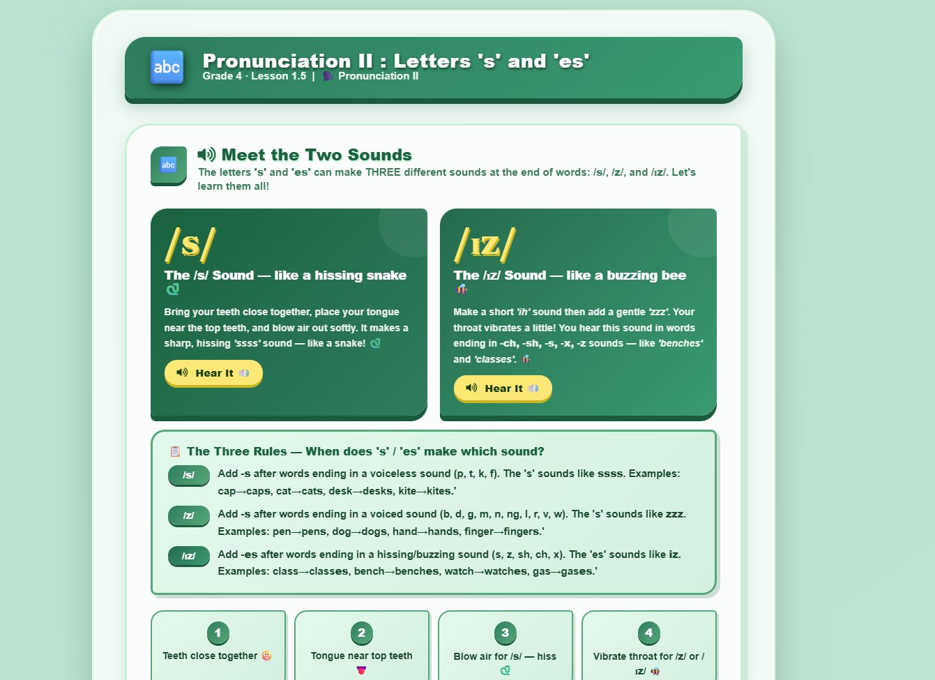 Pronunciation II :  letters ‘s’ and ‘es’