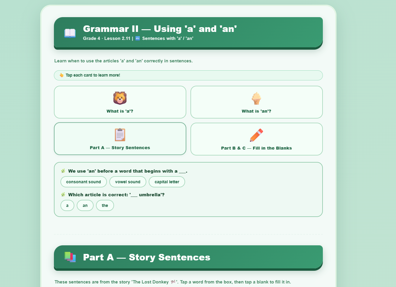 Grammar II : sentences with ‘a/an’
