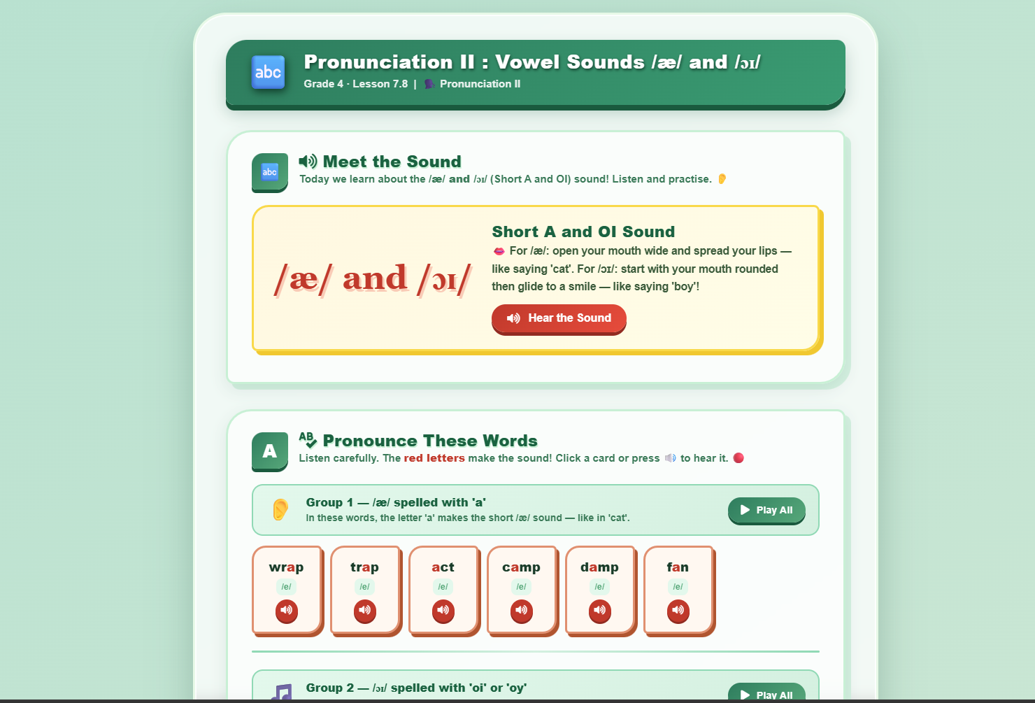 Pronunciation II : vowel sounds /æ/ and /ɔɪ/