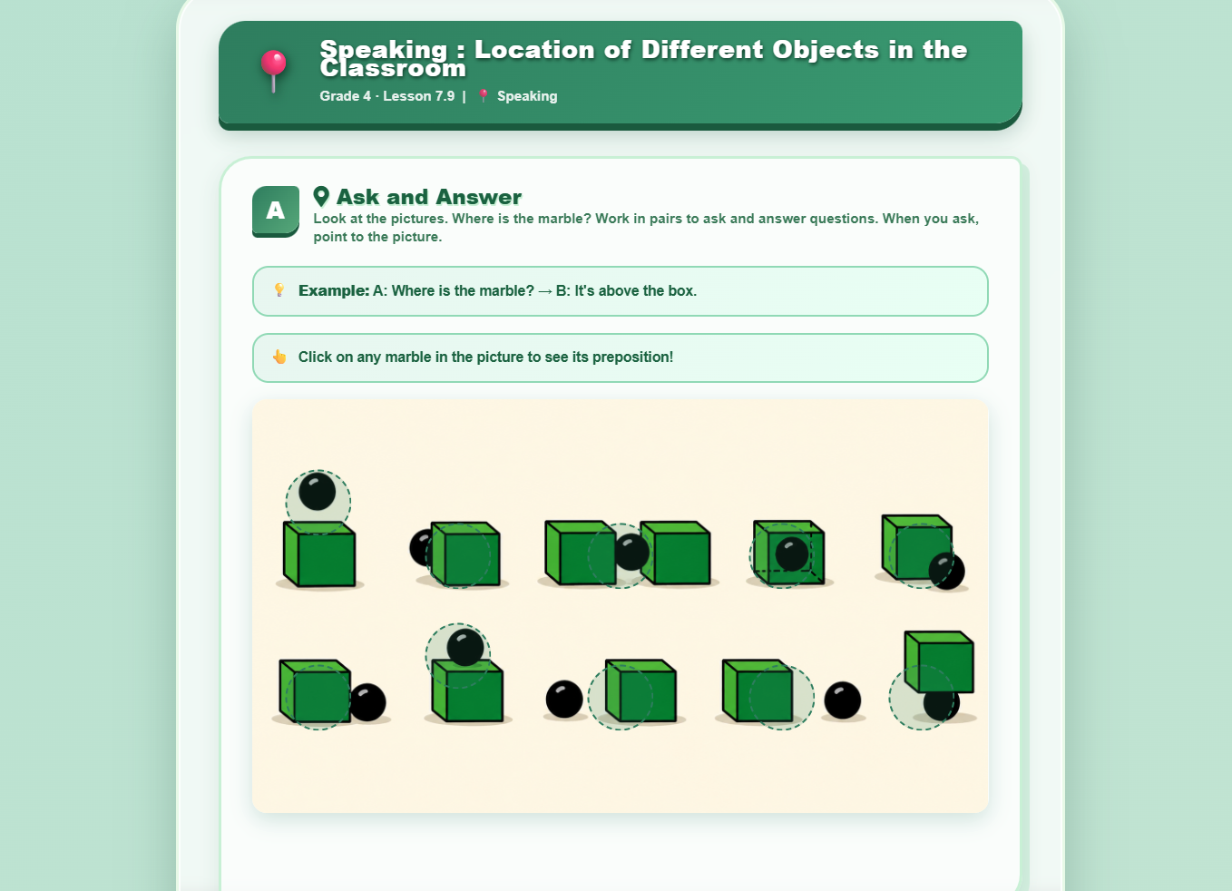Speaking : location of different objects in the classroom