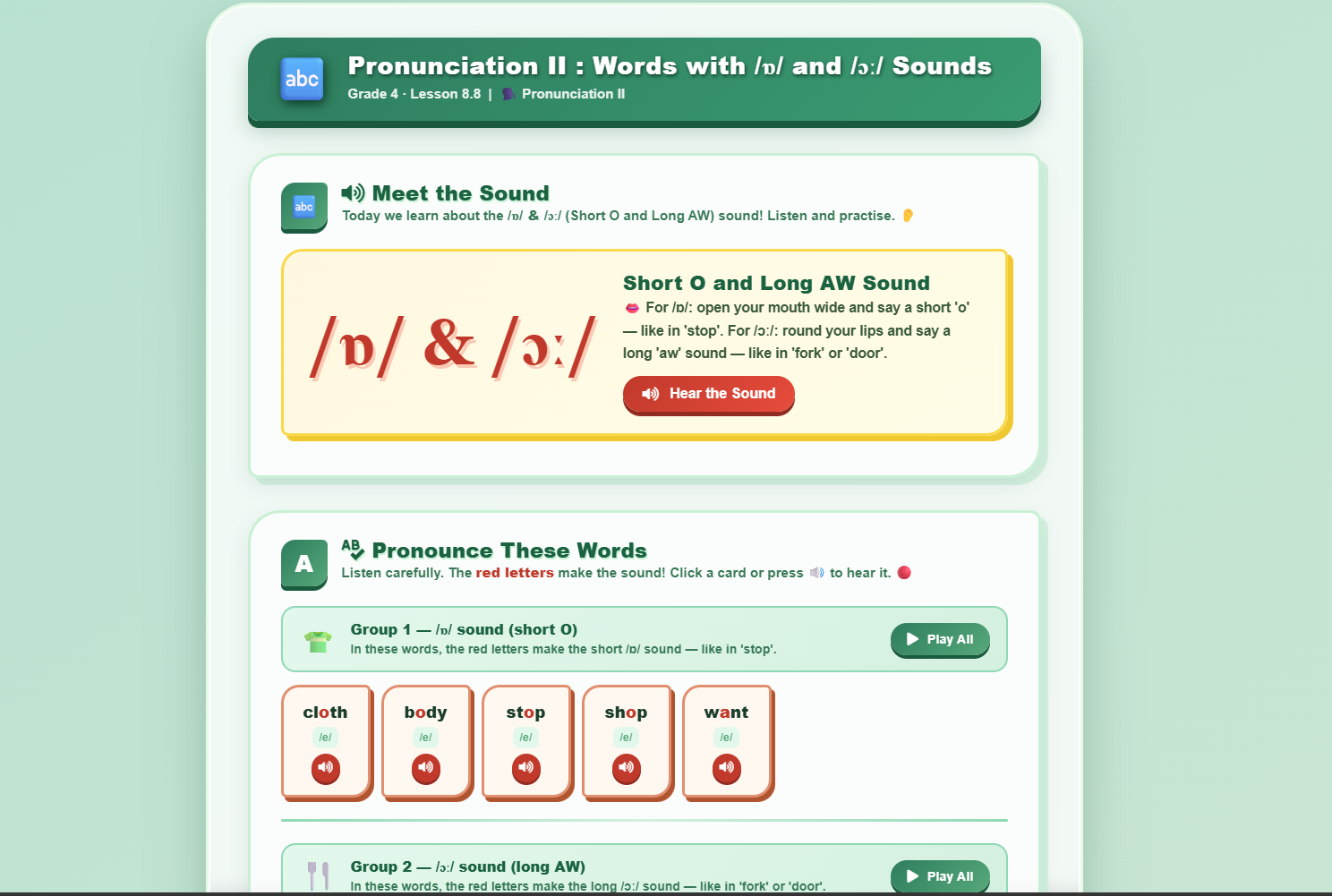 Pronunciation II : words with /ɔː/ sound