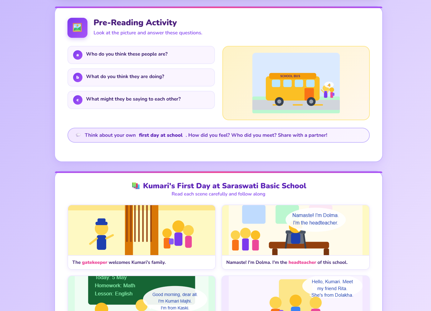 Reading I: Kumari’s first Day at Saraswati Basic School