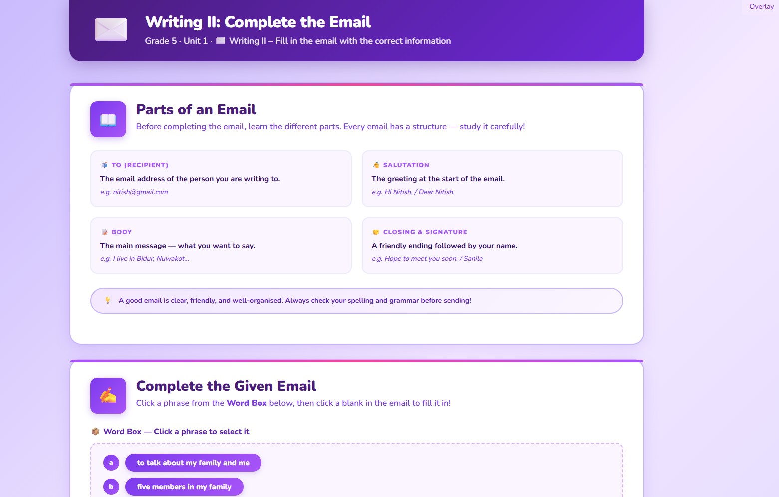 Writing II : Completing a skeleton email