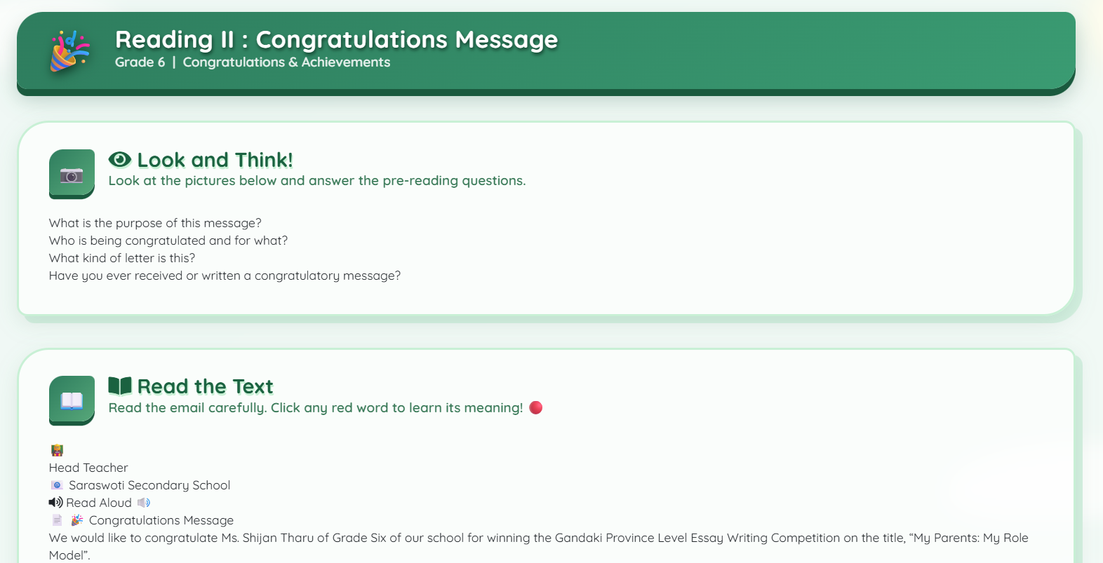 Reading II (message of congratulations)