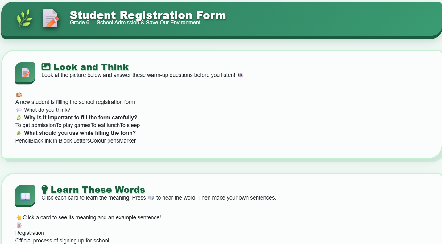 Project work : Completing a school registration form