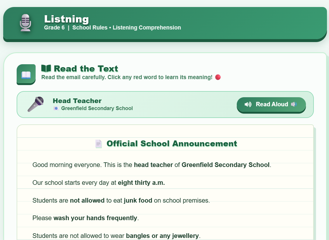 Listening (announcement about the rules of a school)