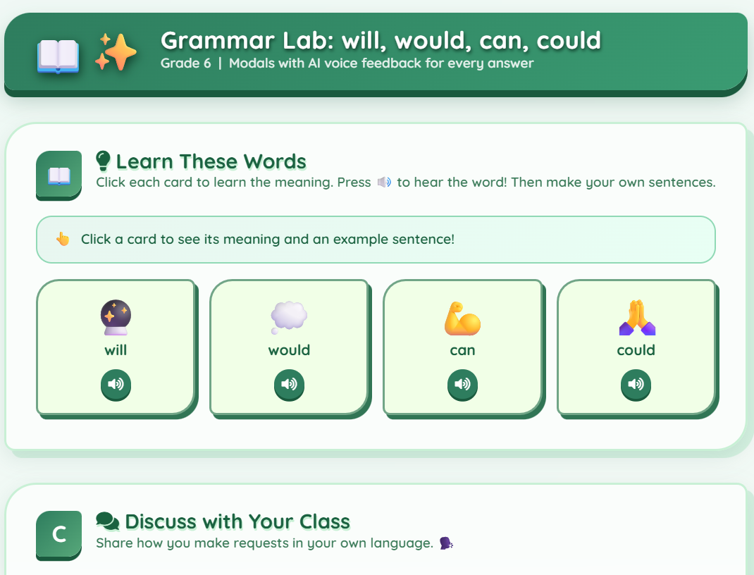 Grammar (modals: will, would, can, could)