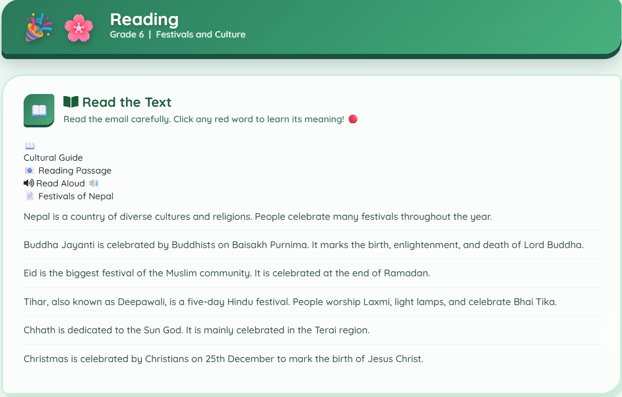 Reading a factual text (Festivals of Nepal)