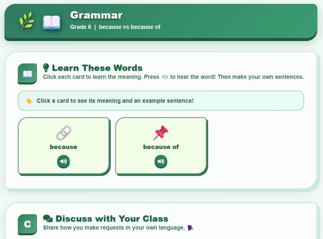 Grammar (connectives: ‘because’ and ‘because of’)