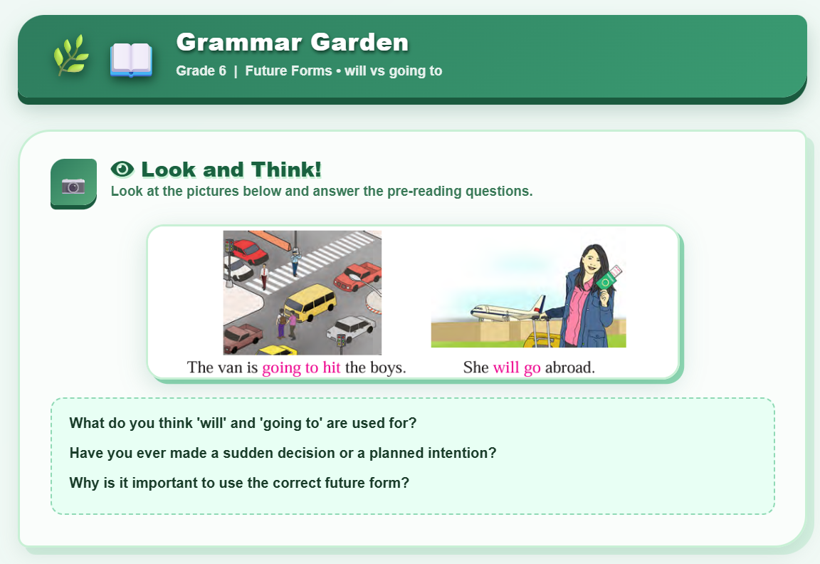 Grammar (uses of ‘will’, ‘be going to’ and ‘is/am/are v-ing’)