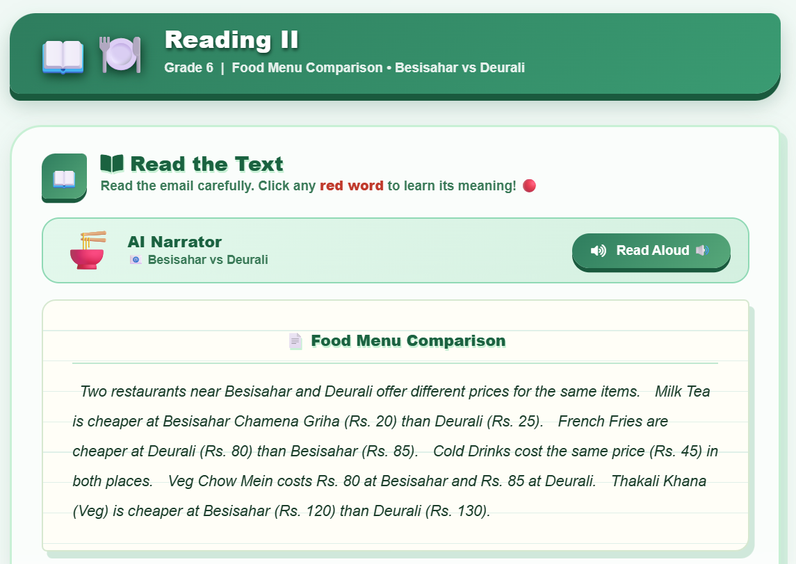 Reading II (Food Menu)