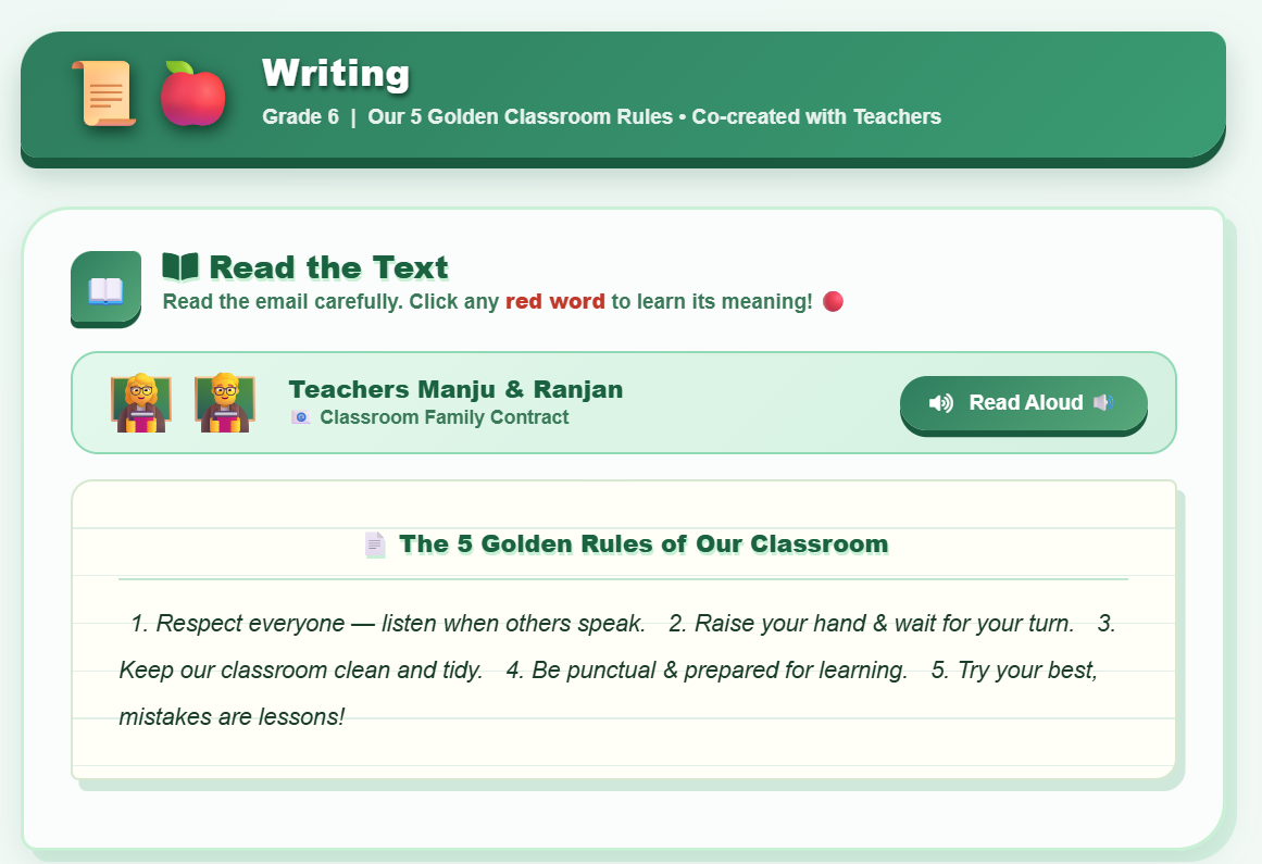 Writing : A set of classroom rules and regulations