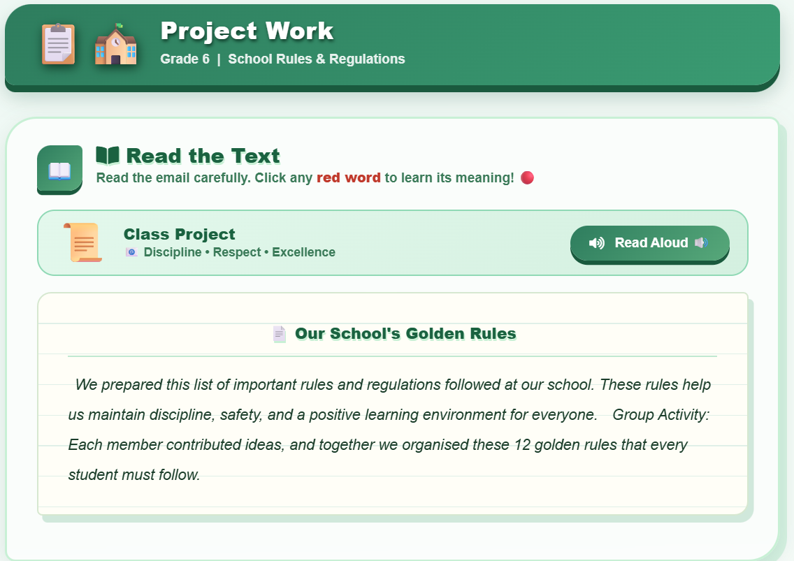 Project work : Preparing a list of school rules
