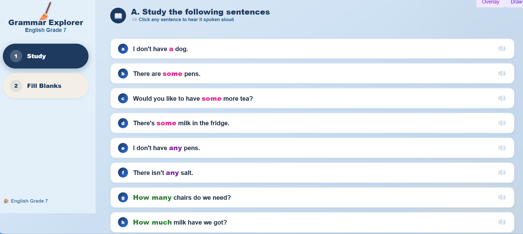 Grammar II : sentences with a/an, some, any, many