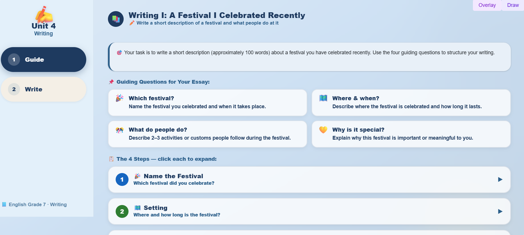 Writing I : Write a description of a festival