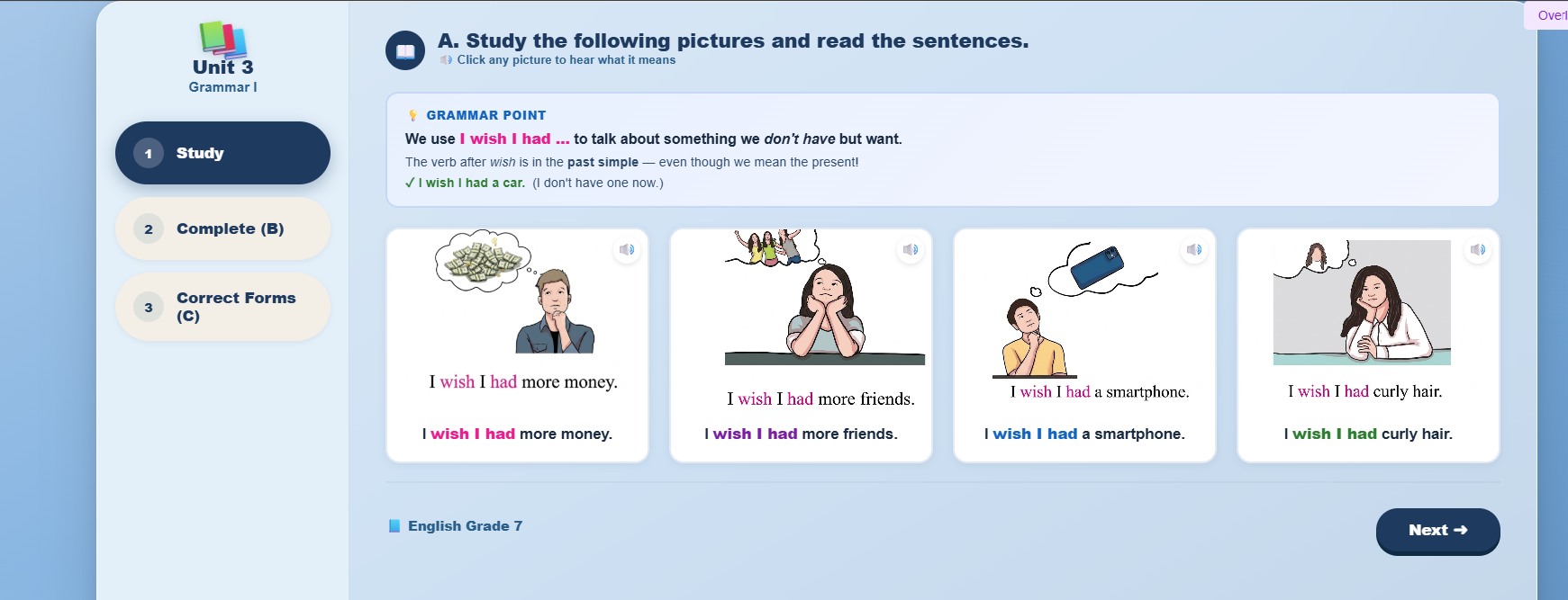 Grammar I: Use of the structure “I wish…”