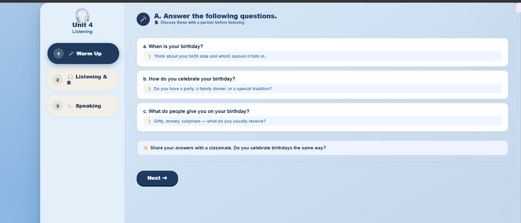 Listening: People talking about their birthdays