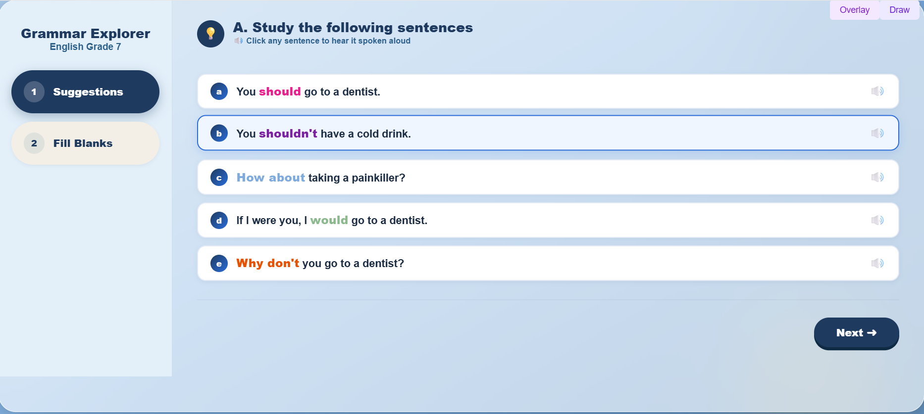 Grammar I : sentence structures used for making suggestions