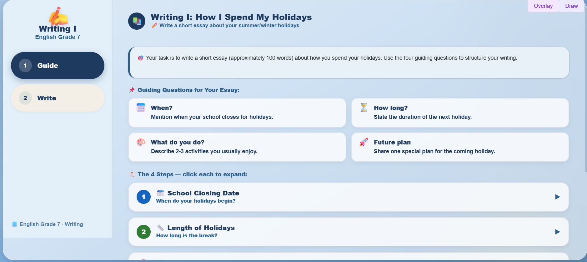 Writing I : Write an essay on holiday plans