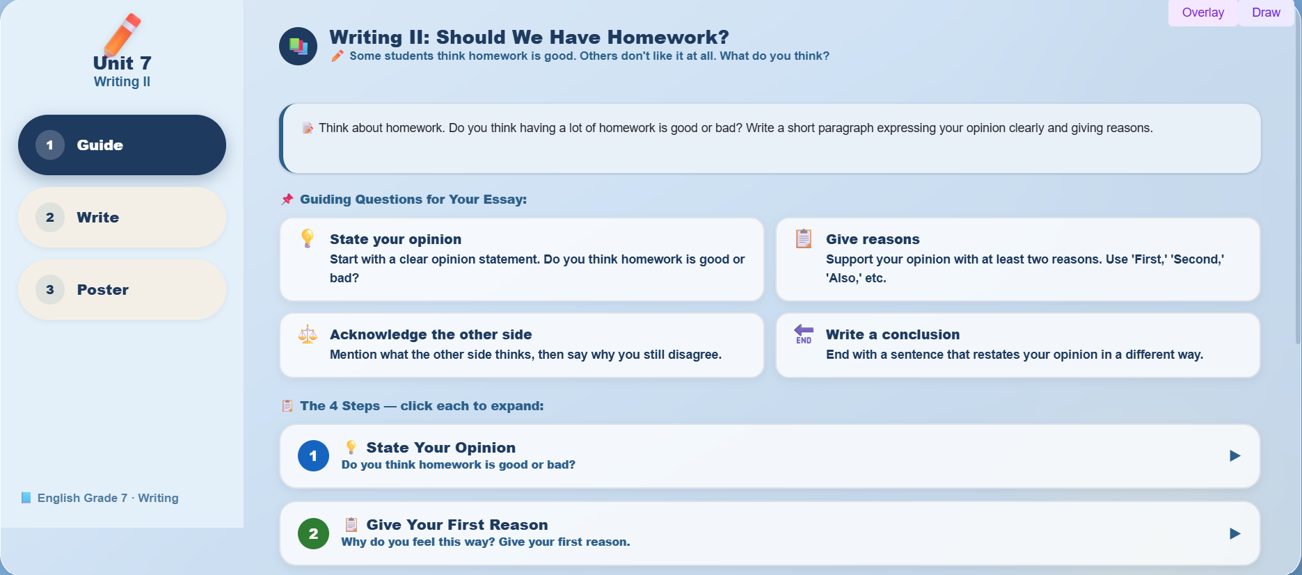 Writing II : Write paragraph expressing opinions on a topic