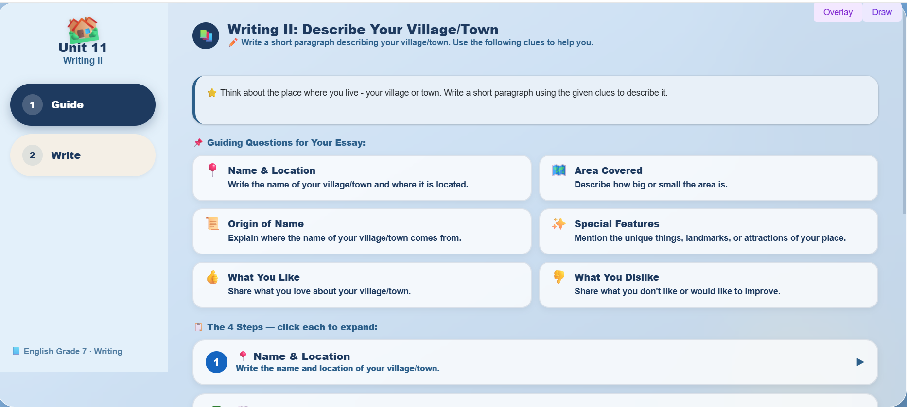 Writing II : short paragraph describing village/town.