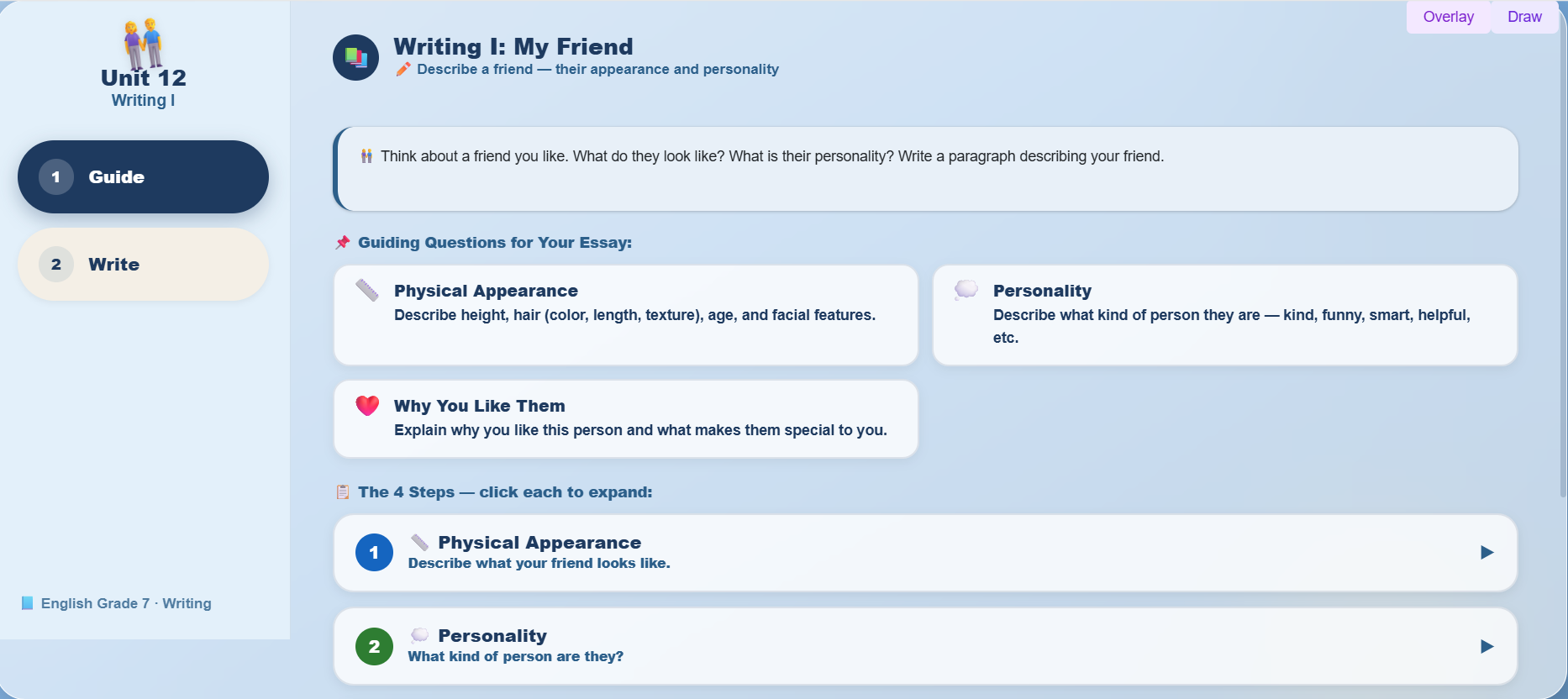 Writing I : paragraph describing the appearance of a friend