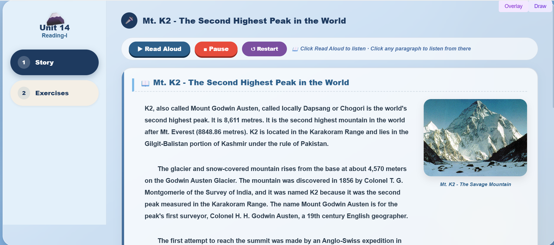 Reading I: Mt. K2