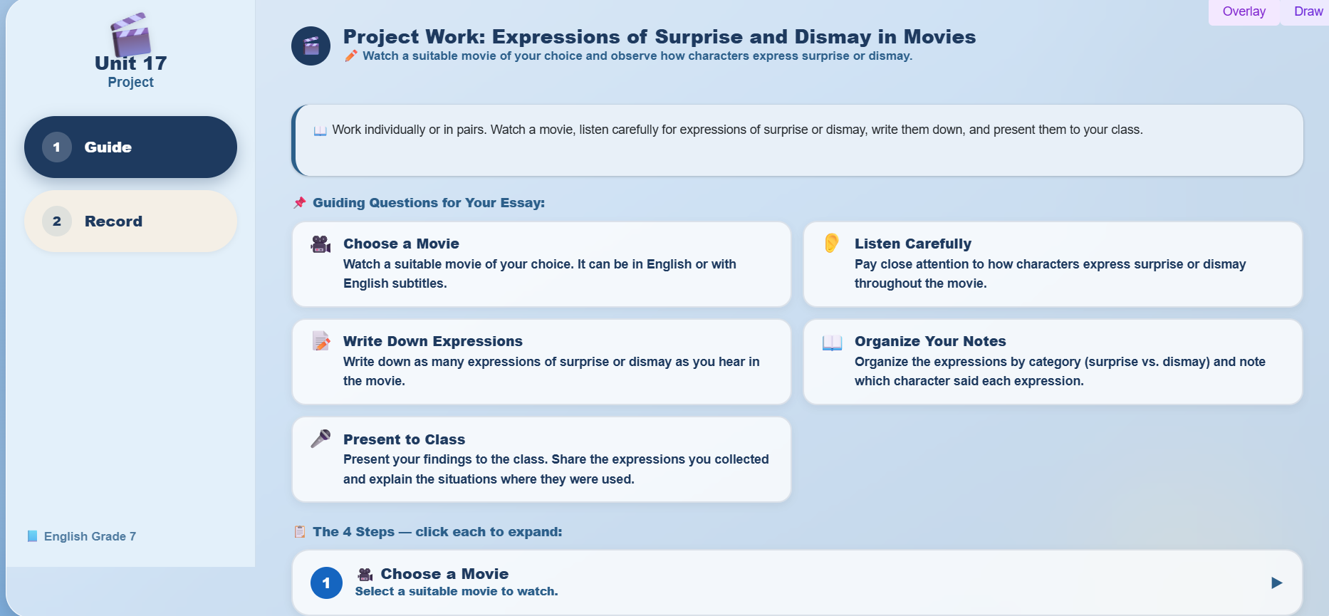 Project Work : Make list of expressions fo surprise and dismay from a movie