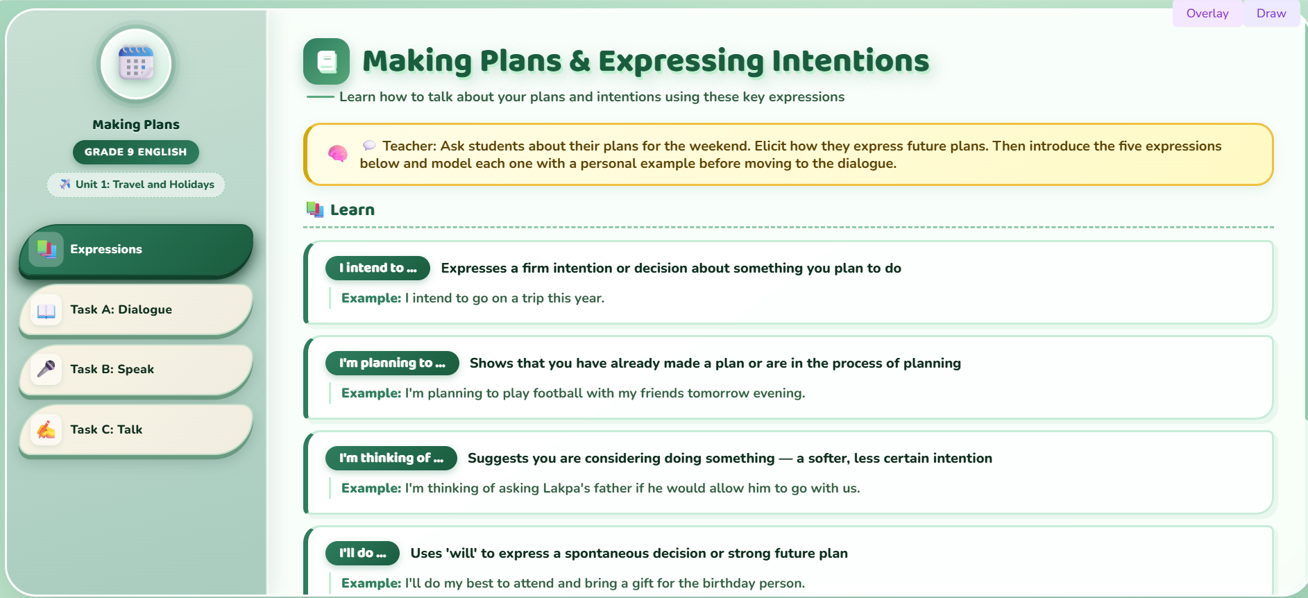 Speaking : Making plans and expressing intentions