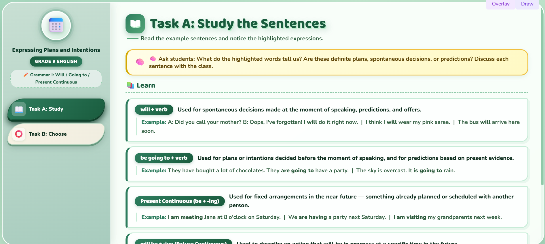 Grammar I : Expressing plans and intentions