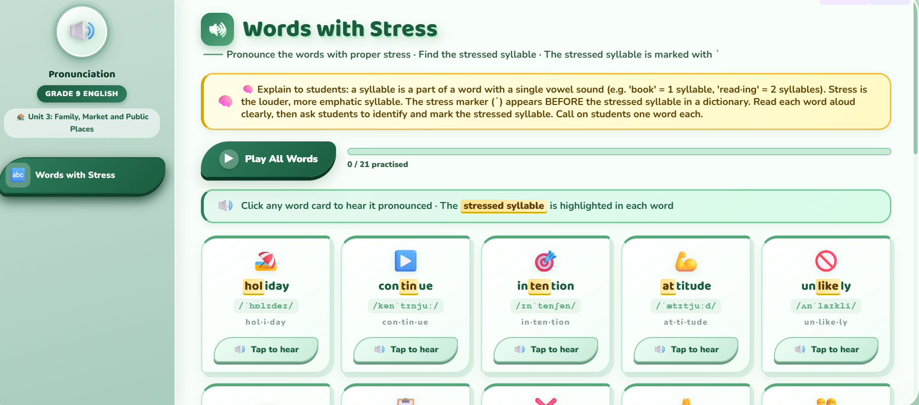Pronunciation : words with stress and find the stressed syllable