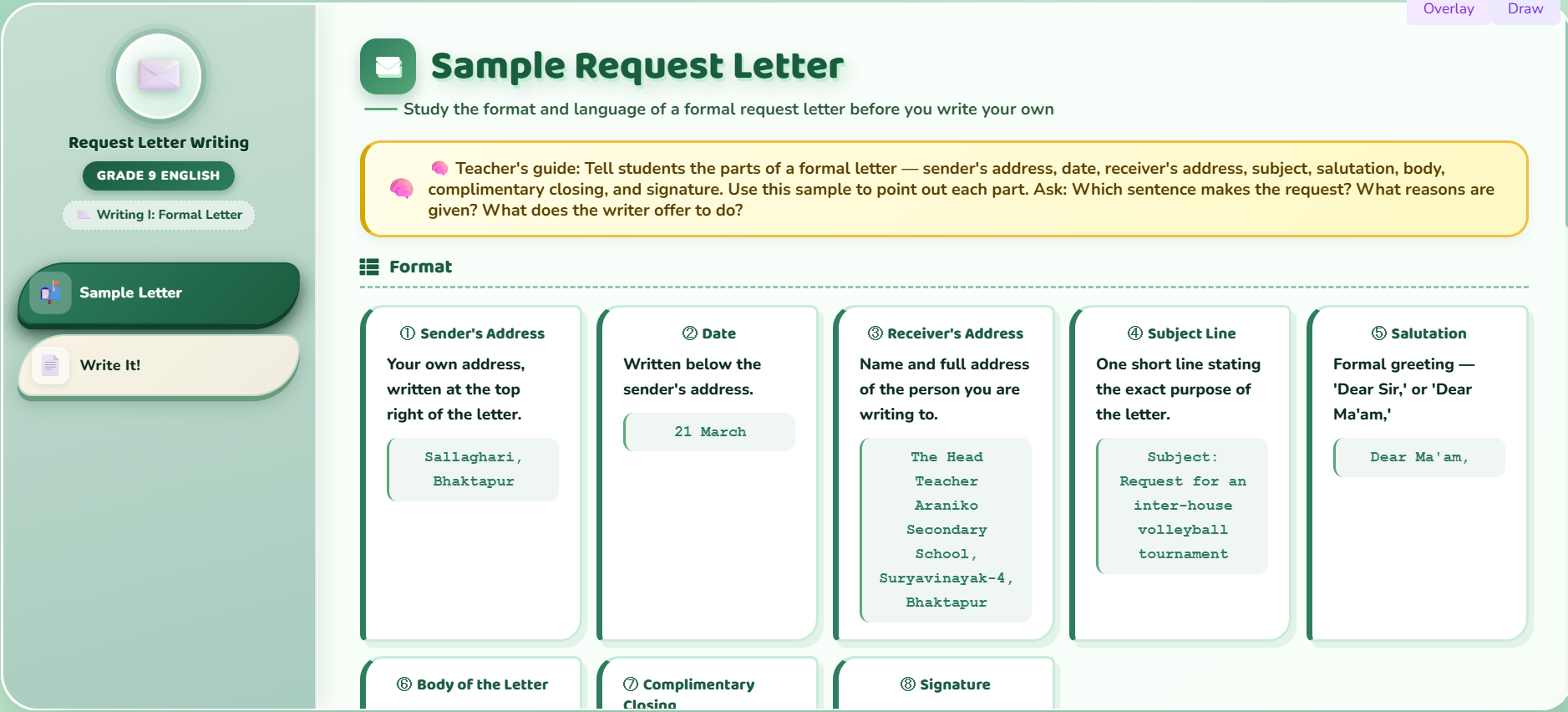 Writing I : Write a request letter to the school head teacher.