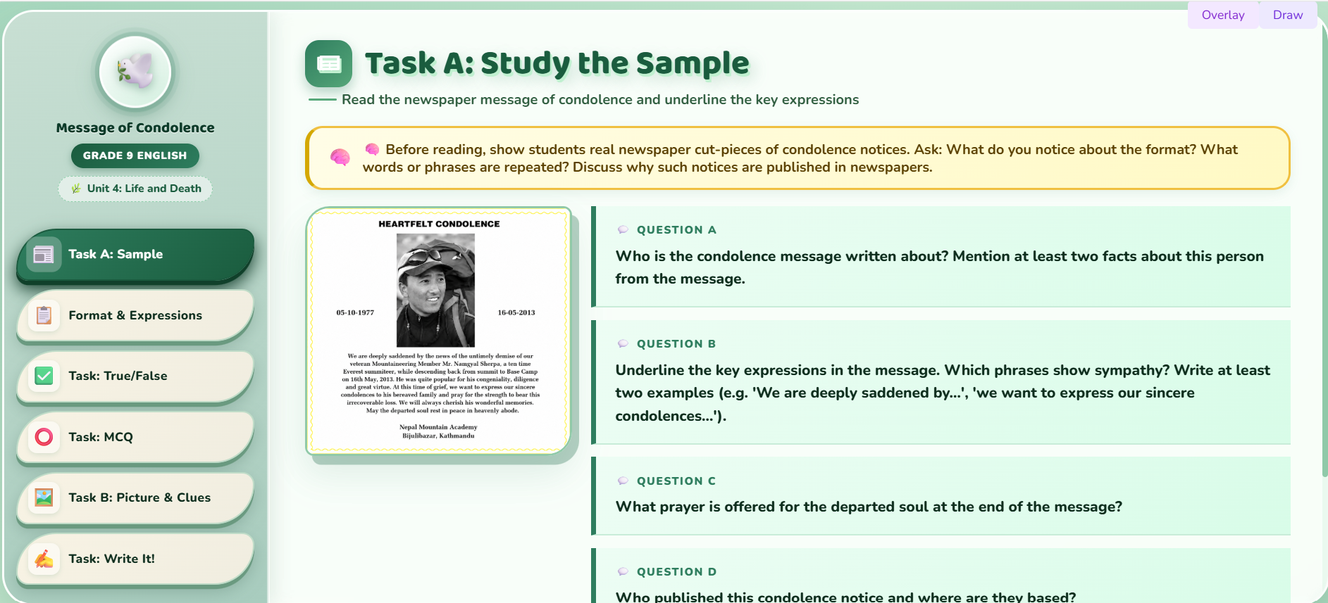Writing I : Message of condolence