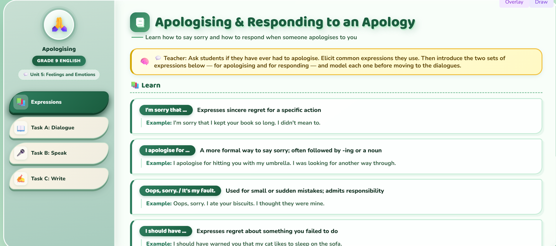 Speaking : Apologising and responding to an apology