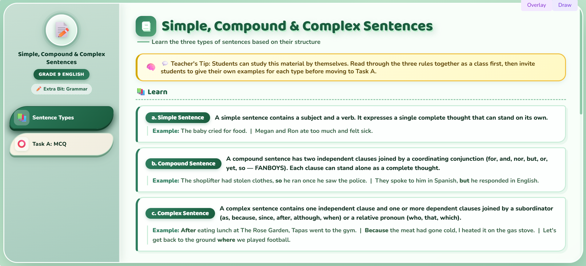 Extra bit : Simple, compound and complex sentence