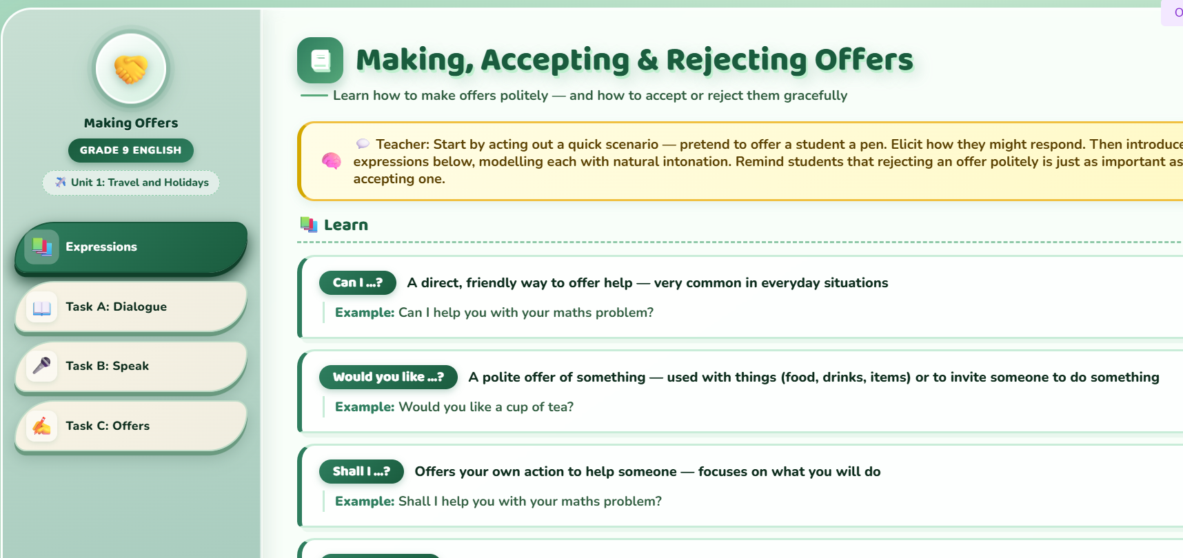 Speaking : Making, accepting and rejecting offers