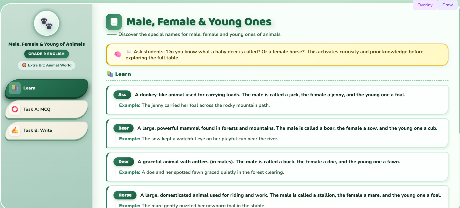 Extra bit : Male, female and Young ones of different animals