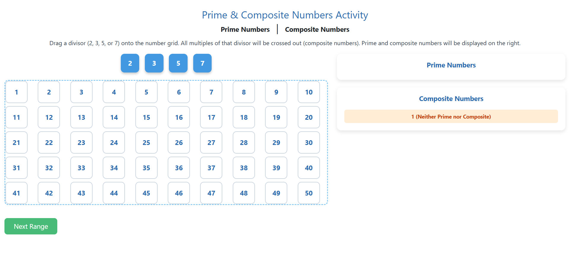 Prime and Composite Numbers up to 100