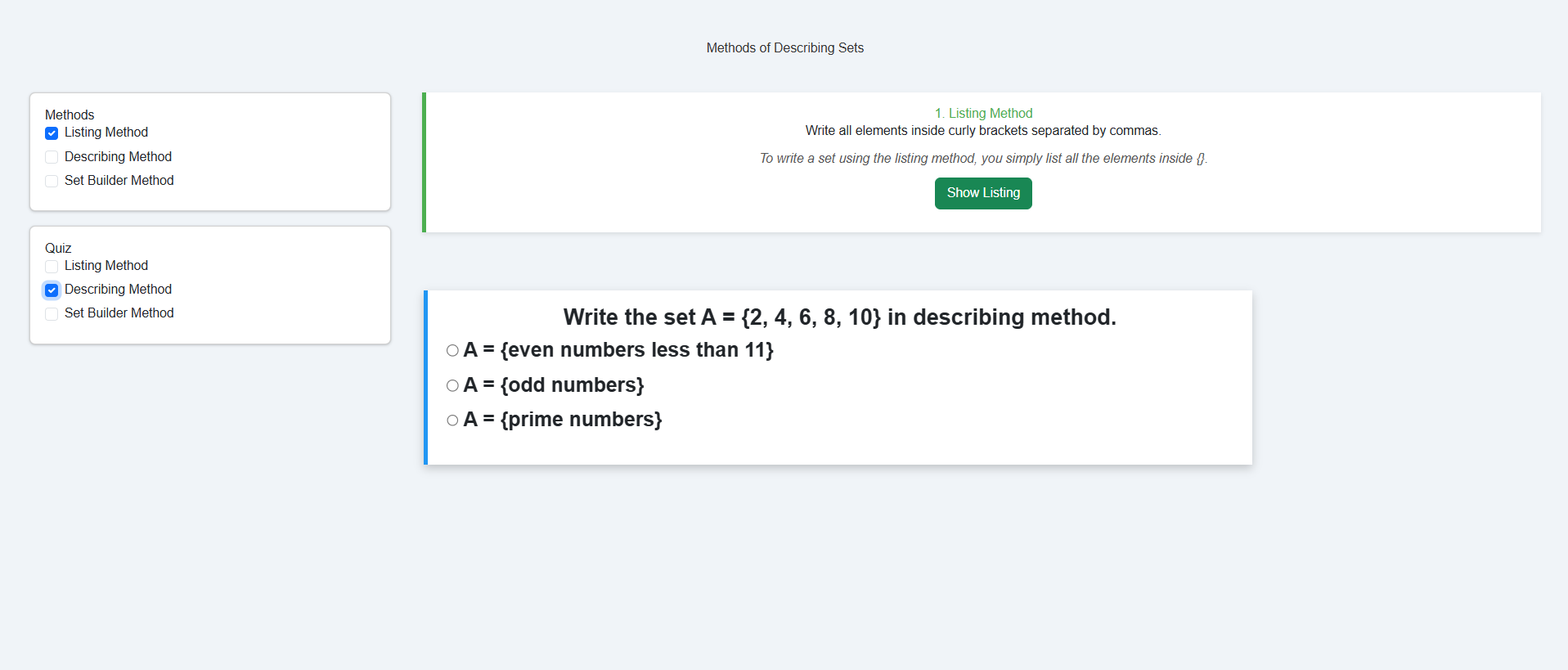 Method of describing set