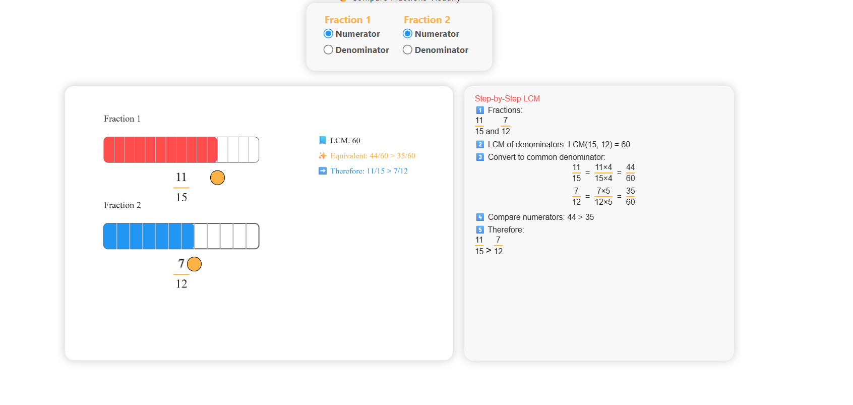 Show / Hide / Draw the shade and Compare the fraction